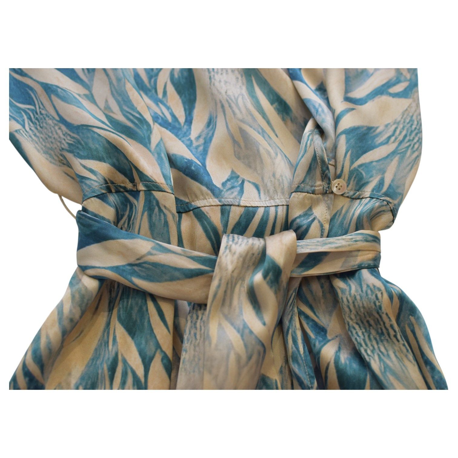 forte_forte Forte_Forte Beige & Turquoise 100% Silk Wrap Midi Dress Size ONE SIZE - 5 Thumbnail