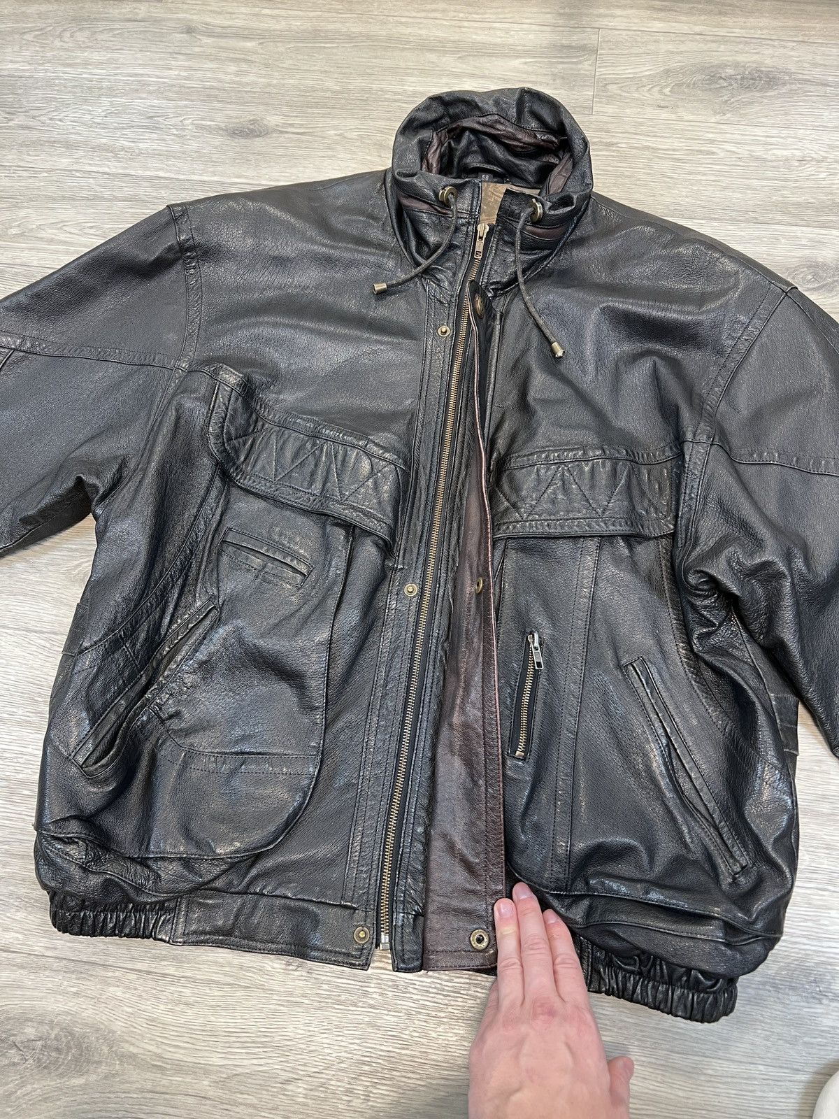True Vintage 80s Distressed Black Leather Bomber Jacket