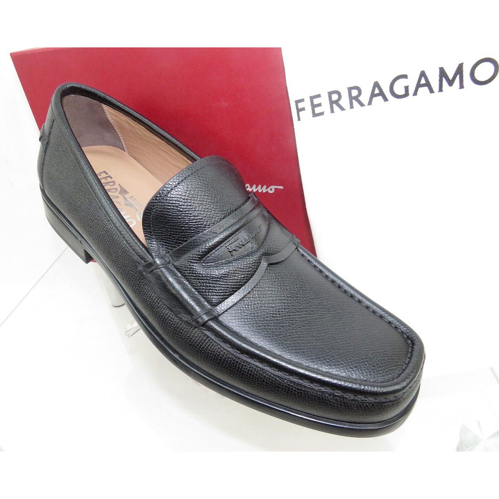 LANZAROTE BLACK SAFFIANO LEATHER LOGO PENNY LOAFERS 10 EE
