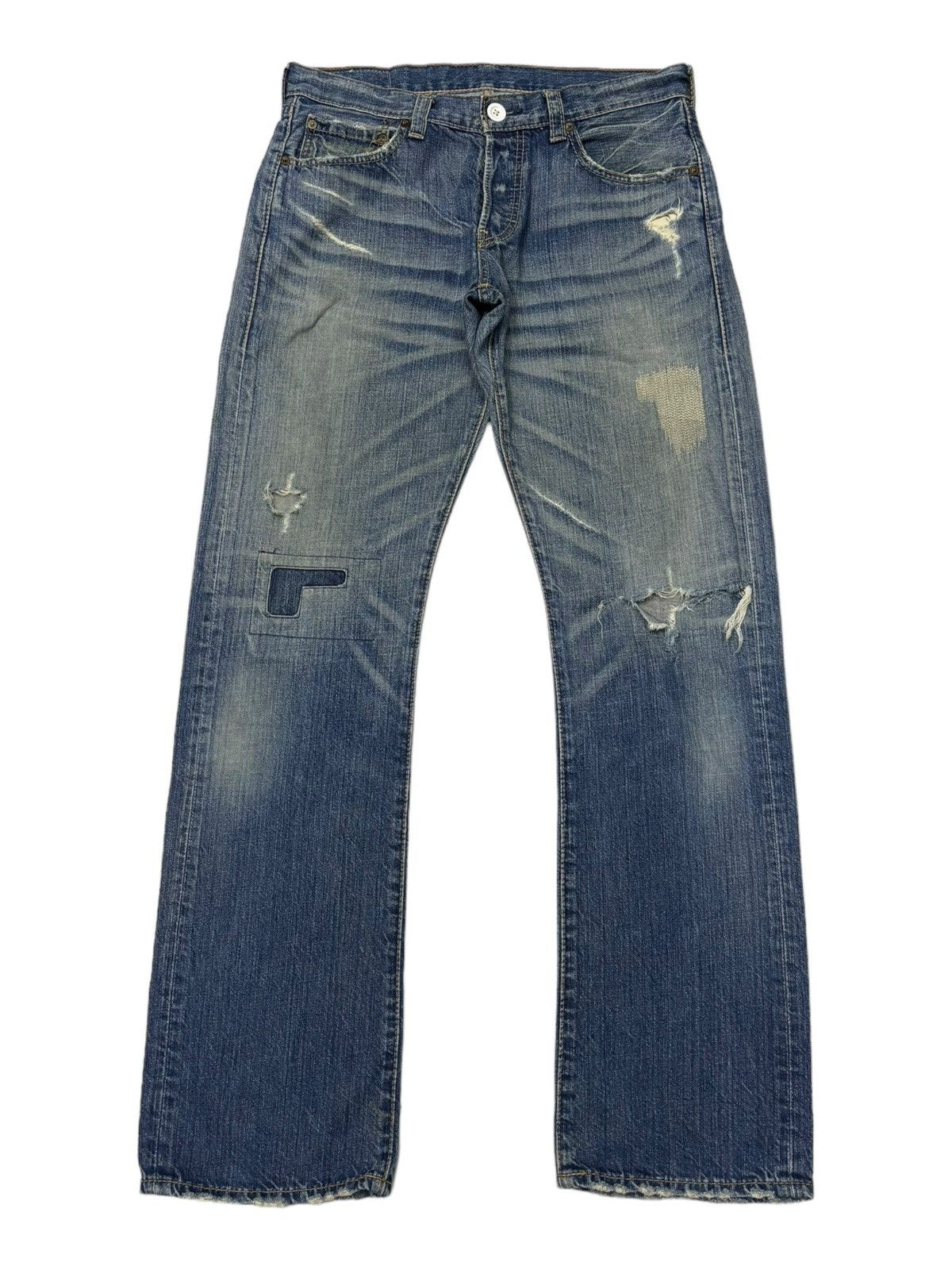 image of Distressed Denim x If Six Was Nine Levi’S 507 Distressed Patchwork Denim Jeans in Blue (Size 32)