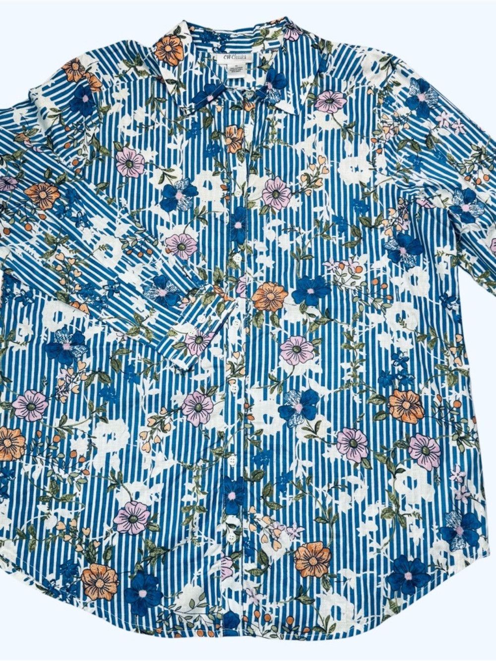 Other New CW Classics Blue Floral Stripe Button-Down Cotton Shirt Size XL / US 12-14 / IT 48-50 - 2 Thumbnail