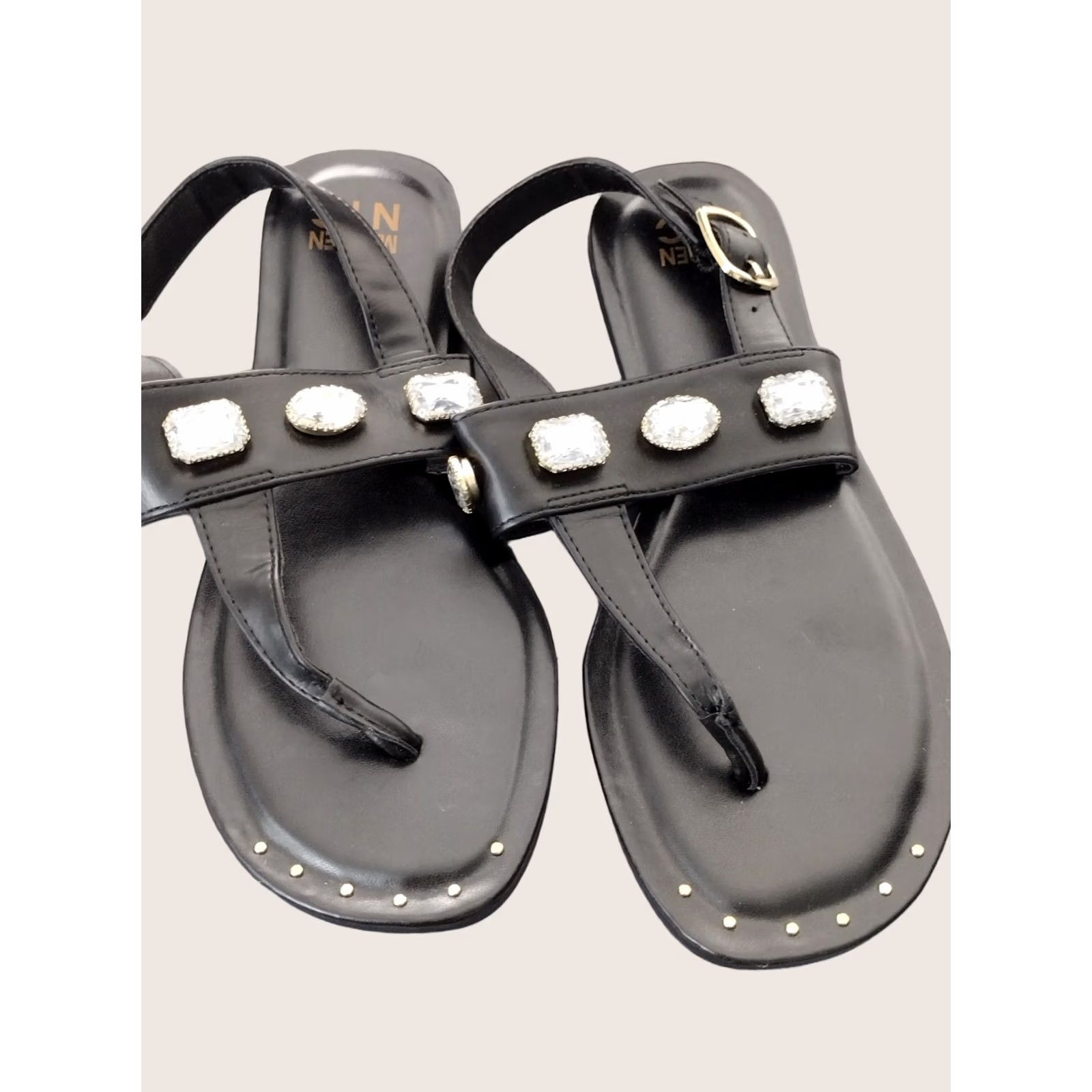Vintage Madden NYC Sandals Women 6 US Black Faux Leather Jeweled Thong Sandals Rhinestone Adjustable Strap Size US 6 / IT 36 - 1 Thumbnail