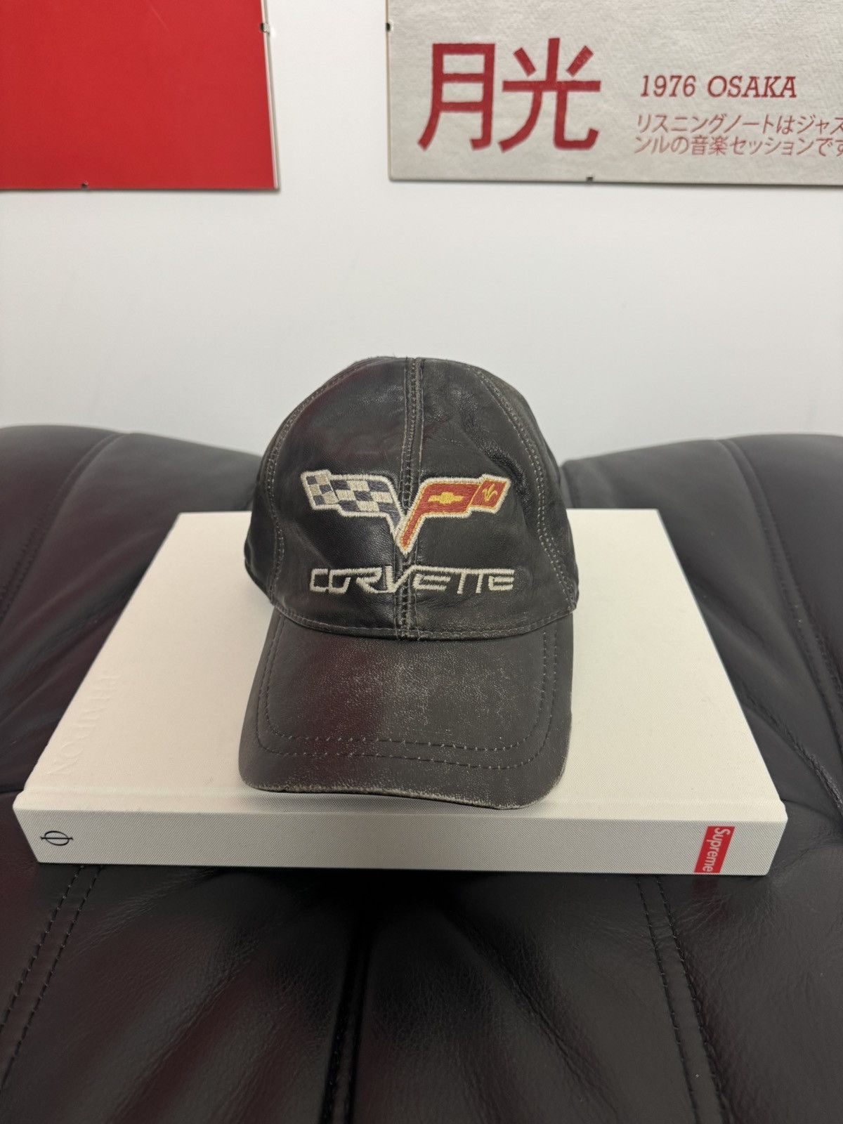Leather Corvette Vintage 90s Black Racing Leather Hat Washed Rare Size ONE SIZE - 1 Thumbnail