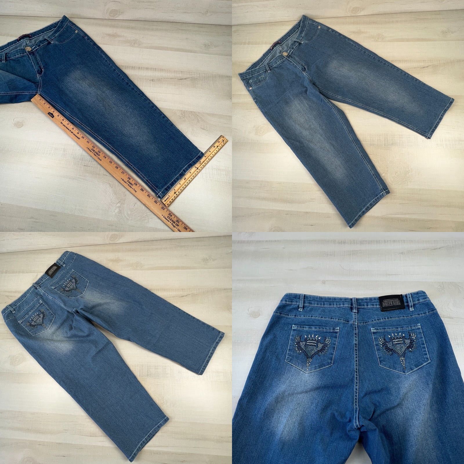 Vintage Brooklyn Girl Jeans Women's 18 Medium Wash Cropped Capri Rhinestones Blue Denim Regular Fit Size 40" / US 18 - 8 Thumbnail