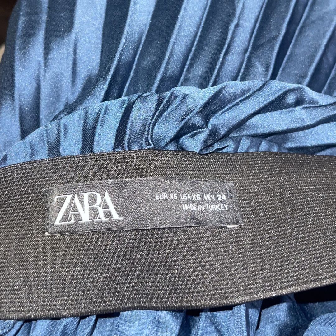 Zara Electric Blue Satin Pleated Midi Skirt XS Elastic Waistband Size 25" / US 0 / IT 36 - 3 Thumbnail