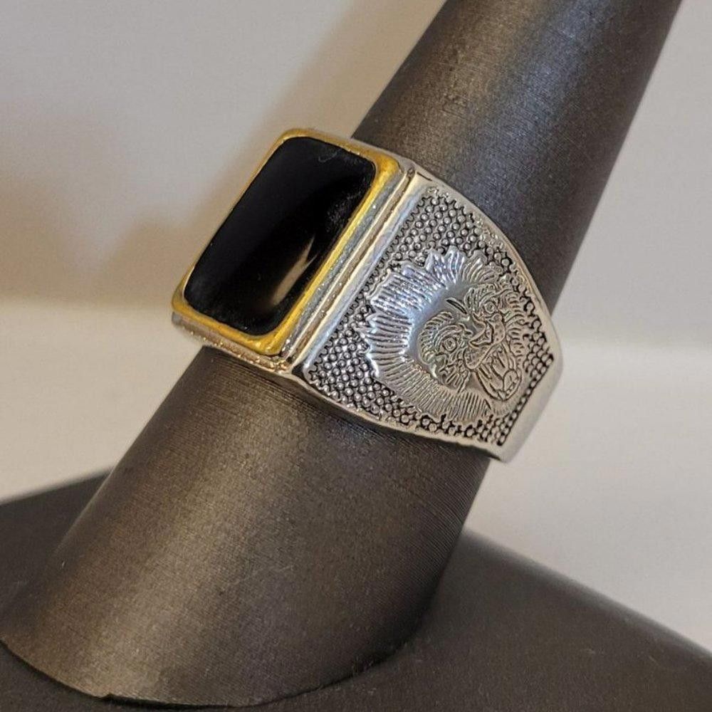 Designer Men's Retro Lion Black Square Onyx Silver Ring - Size 9 Size ONE SIZE - 6 Thumbnail