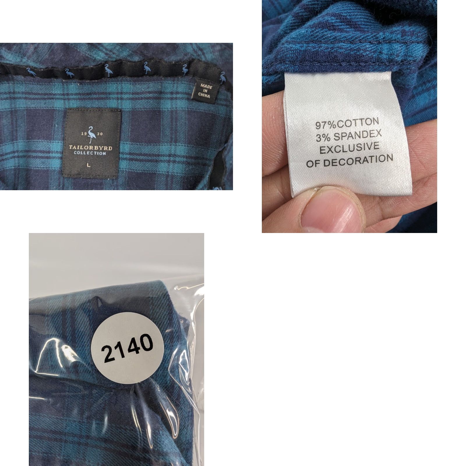 Tailorbyrd Tailor Byrd Men’s Button-Front Long Sleeve Blue Plaid Flannel Shirt L Size US L / EU 52-54 / 3 - 8 Thumbnail