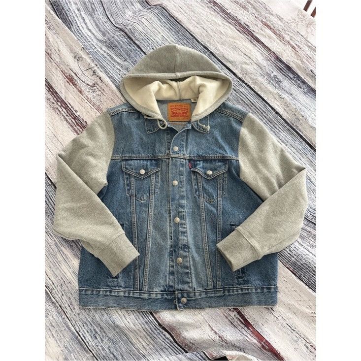 Levi's Levi's Blue Denim Jacket with Gray Hood & Sleeves Size US L / EU 52-54 / 3 - 4 Thumbnail