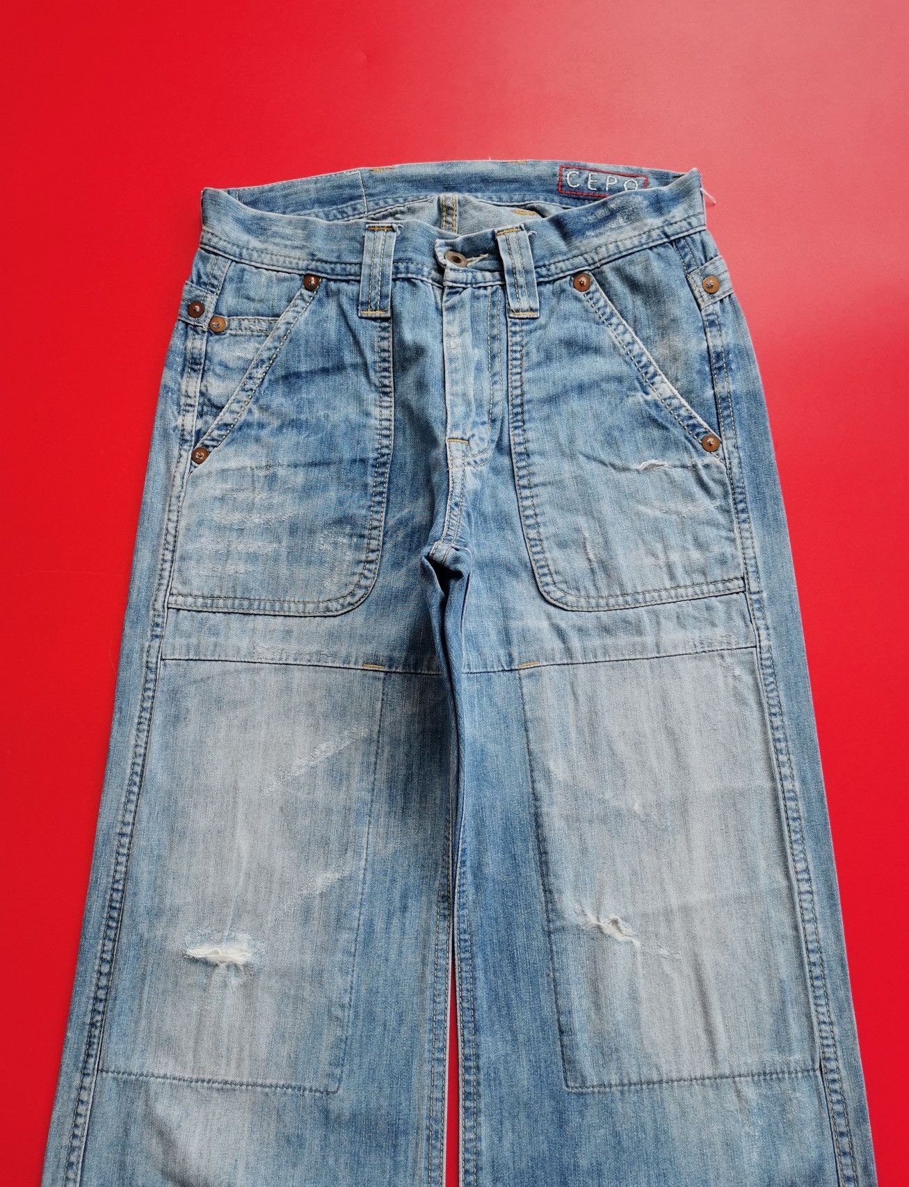 Japanese Brand Cepo Wide Flared Double Knee Distressed Jeans Size US 28 / EU 44 - 3 Thumbnail
