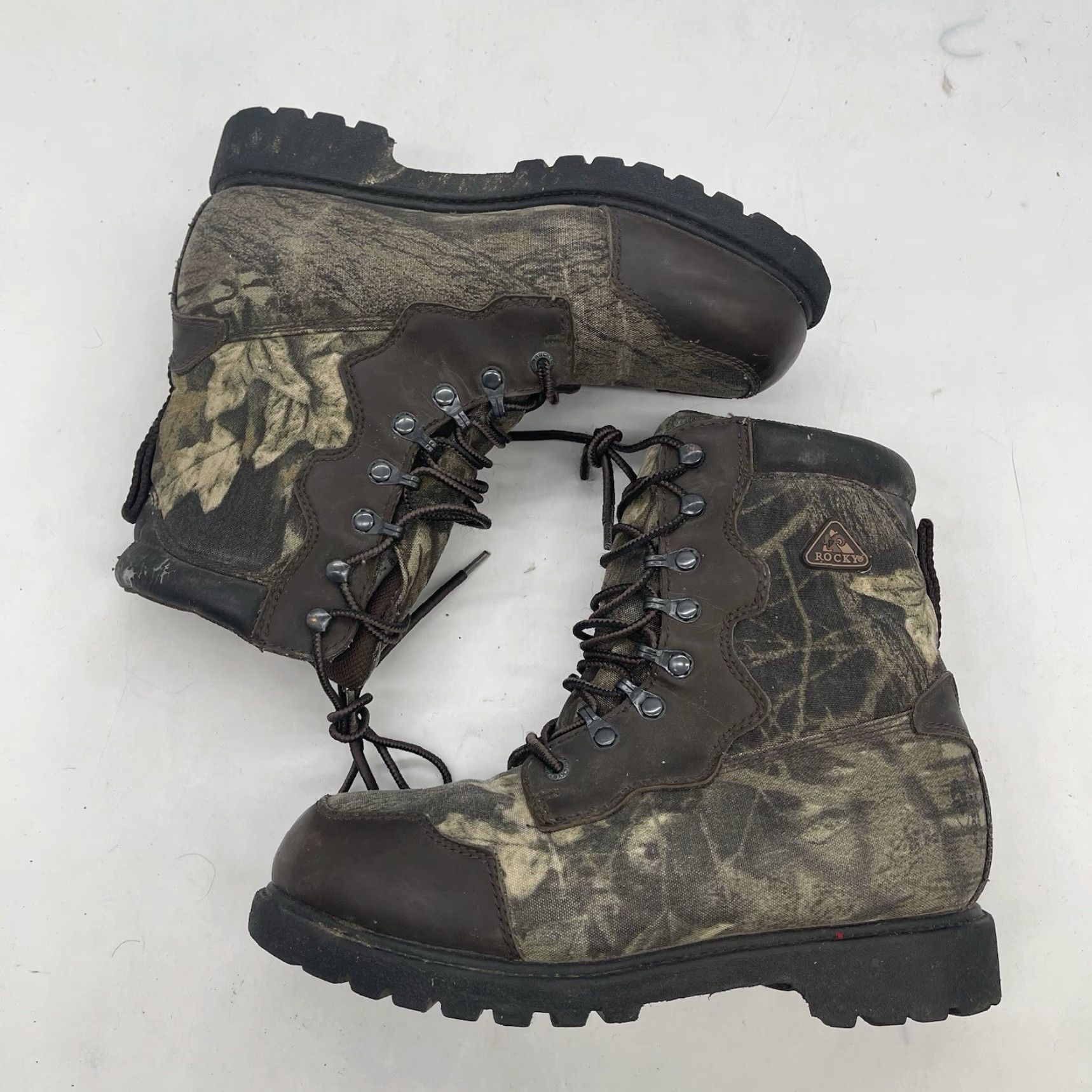 Vintage ROCKY THINSULATE Boots Mens 6 Camouflage Hunting Hiking Workwear Lace Up Mid-Calf Brown Leather Upper Synthetic Size US 6 / EU 39 - 2 Thumbnail