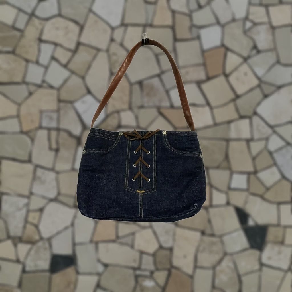 Denime VINTAGE Denim Shoulder Purse Shoulder Bag Womens Small Blue 1948 Tan Ties on the Front Size ONE SIZE - 1 Thumbnail