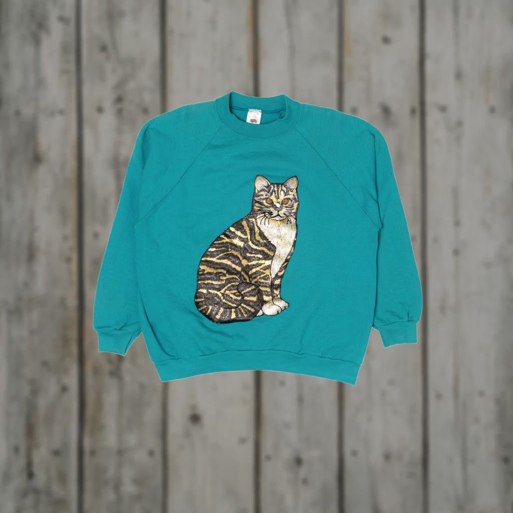 Fruit Of The Loom VINTAGE Hand Painted Cat Raglan Sweatshirt Large Turquoise Blue 1990s Mens Womens Girls Boys Fruit of the Loom USA Cotton Polyester Size US L / EU 52-54 / 3 - 1 Thumbnail