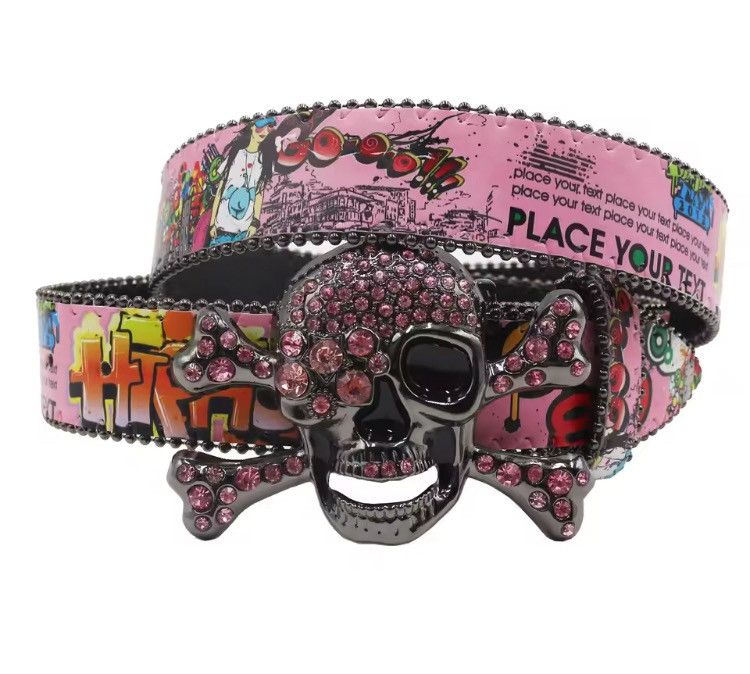 Japanese Brand 105 cm Colorful Skull & Crossbones PU Leather Belt Size ONE SIZE - 6 Thumbnail