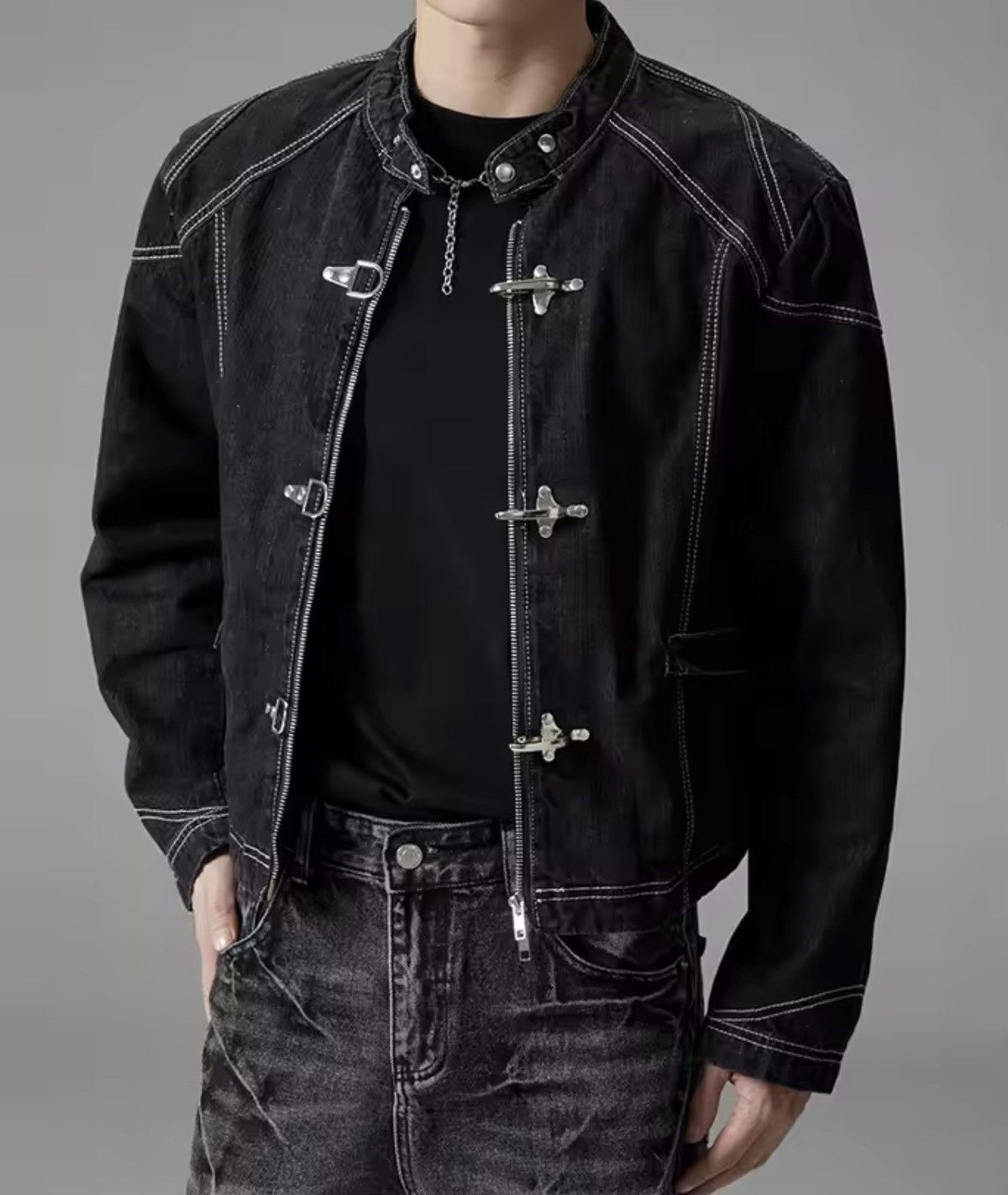 Japanese Brand Fireman Clasp Contrast-Stitch Denim Jacket - Black Size US M / EU 48-50 / 2 - 1 Thumbnail
