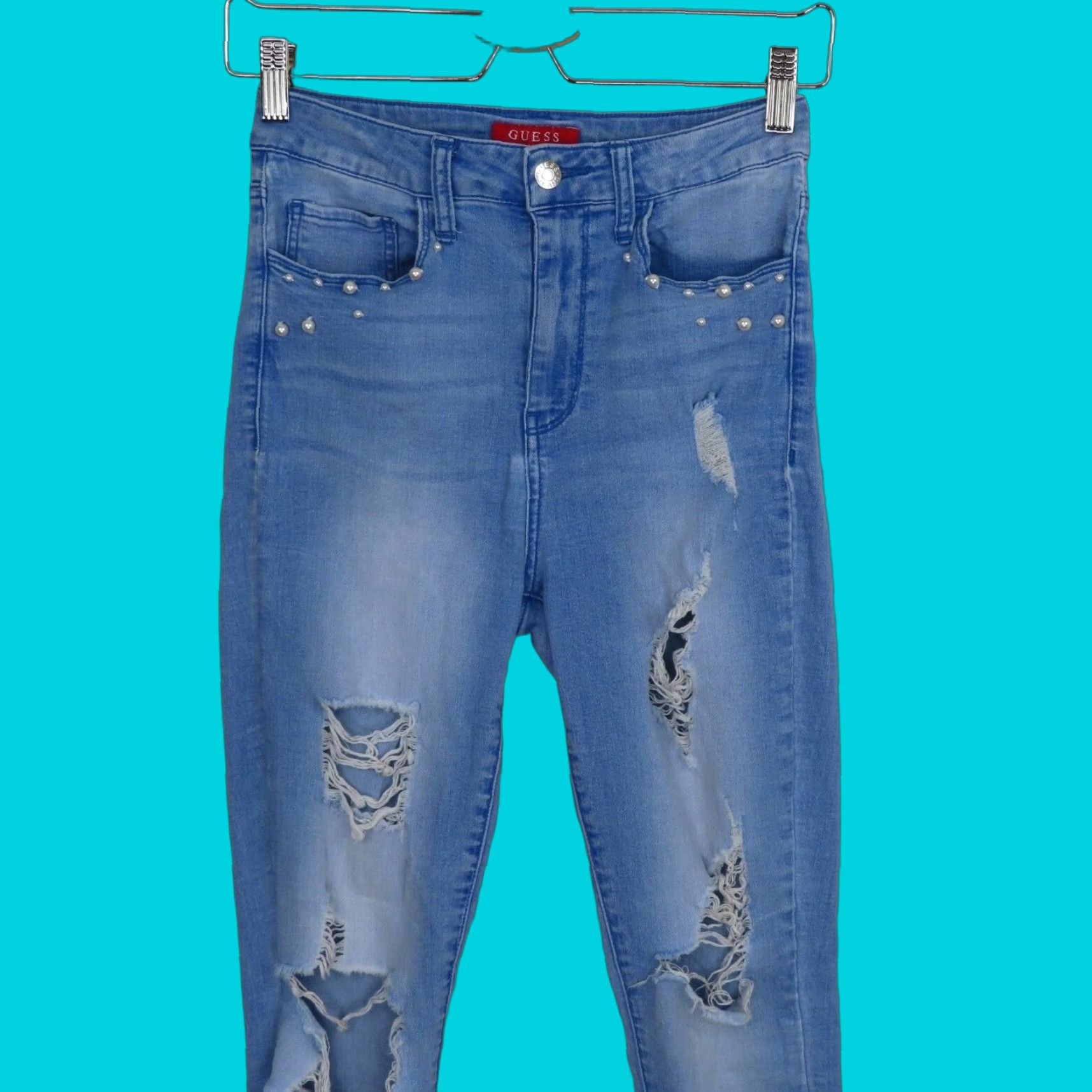 Guess GUESS Womens Jeans Denim Skinny 27 Blue Distressed Shredded Pearl Beaded Pants Regular Womens Size 27 Blue Distressed Beaded Jeans Size 27" / US 4 / IT 40 - 1 Thumbnail