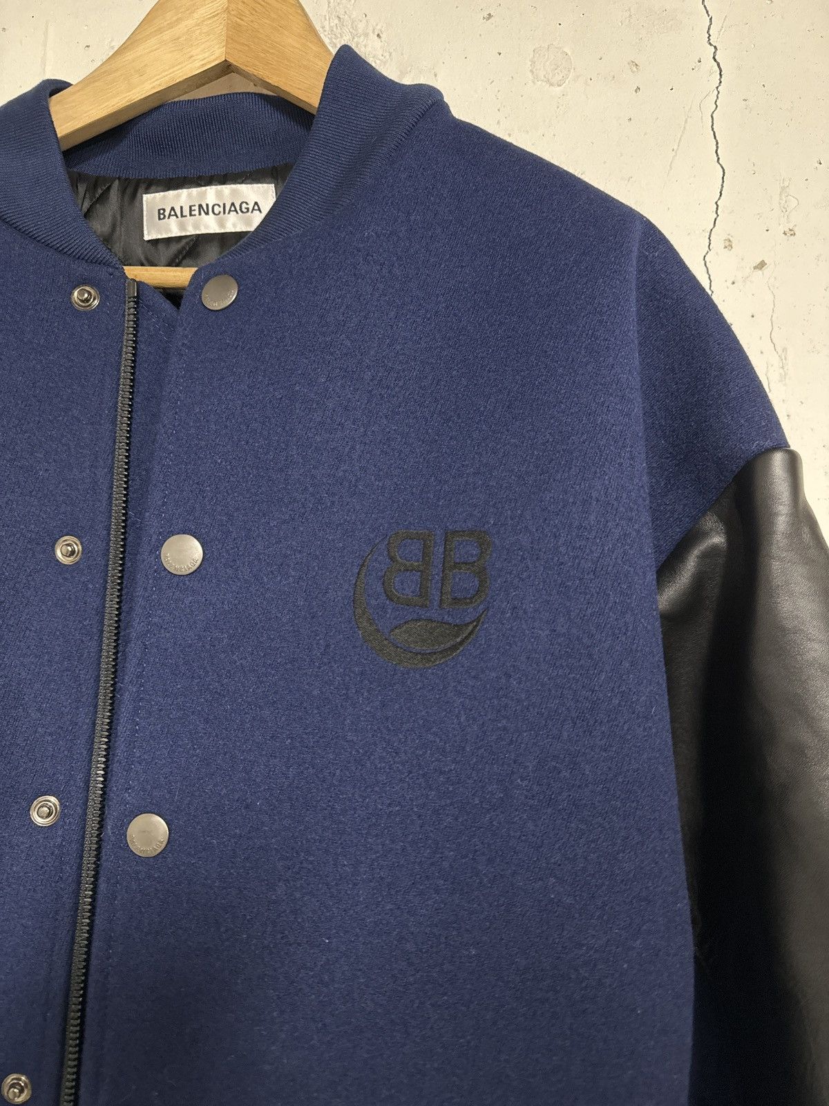 image of Balenciaga Navy Wool & Leather Varsity College Jacket, Men's (Size XL)