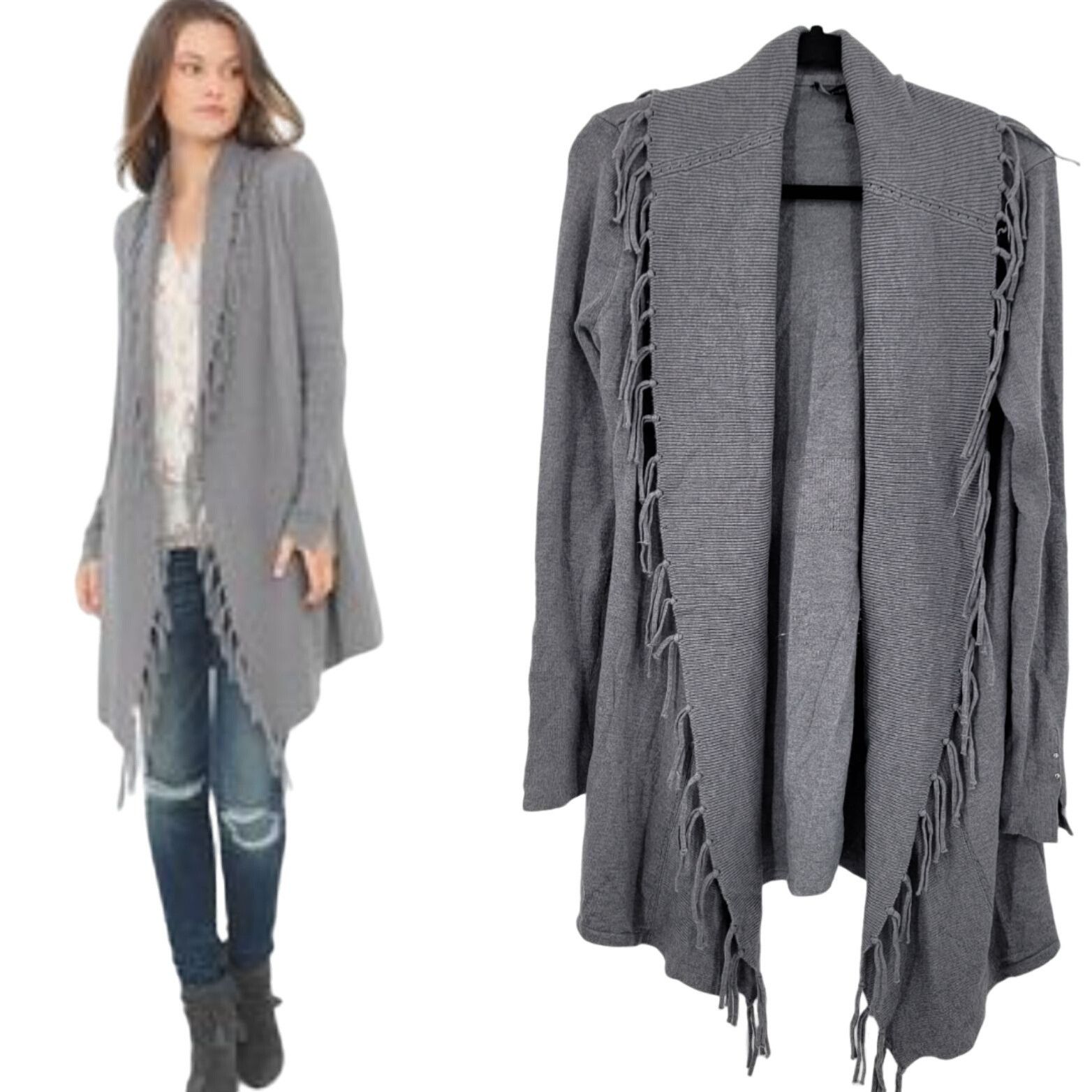White House Black Market WHBM Fringe Western Cardigan Duster M Gray Wool Heavy Knit S Size M / US 6-8 / IT 42-44 - 2 Thumbnail