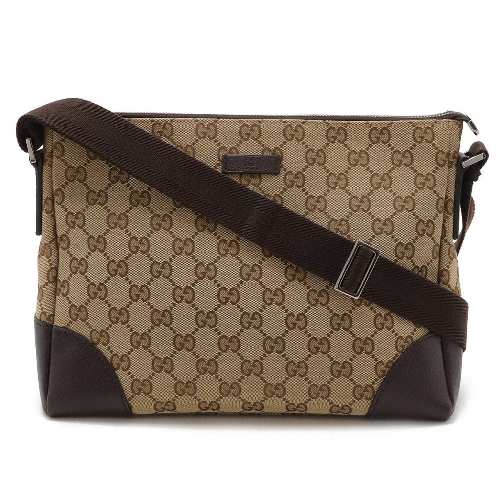 Gucci GG Canvas Shoulder Bag, Leather, Khaki Beige, Dark Brown, Brown 114273, Women's
