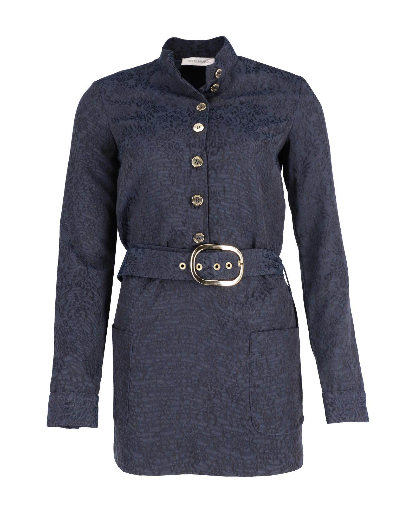 image of Balmain Jacquard Dress With Gold-Tone Button And Belt In Navy Blue Polyester in Blue/Navy Blue, Wom