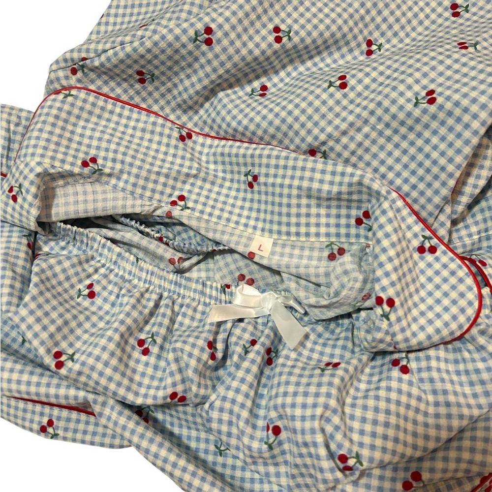 Designer Women's Blue and Red Checkered Pajama Set Size ONE SIZE - 4 Thumbnail