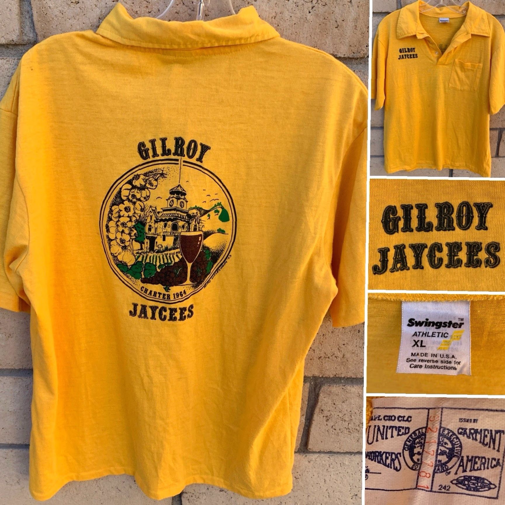Vintage VINTAGE Swingster Polo Shirt XL Yellow Graphic Union Made UK California 83 90s Mens Shirt Size US XL / EU 56 / 4 - 5 Thumbnail