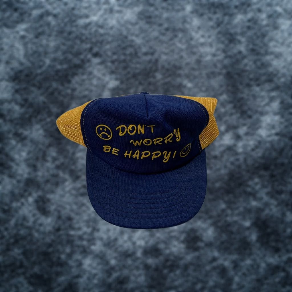Industrie VINTAGE Don’t Worry Be Happy Puff Print Trucker Snapback Hat Cap 80s 90s USA Blue Adjustable Unisex Adults Mens Womens Boys Girls Size ONE SIZE - 1 Thumbnail