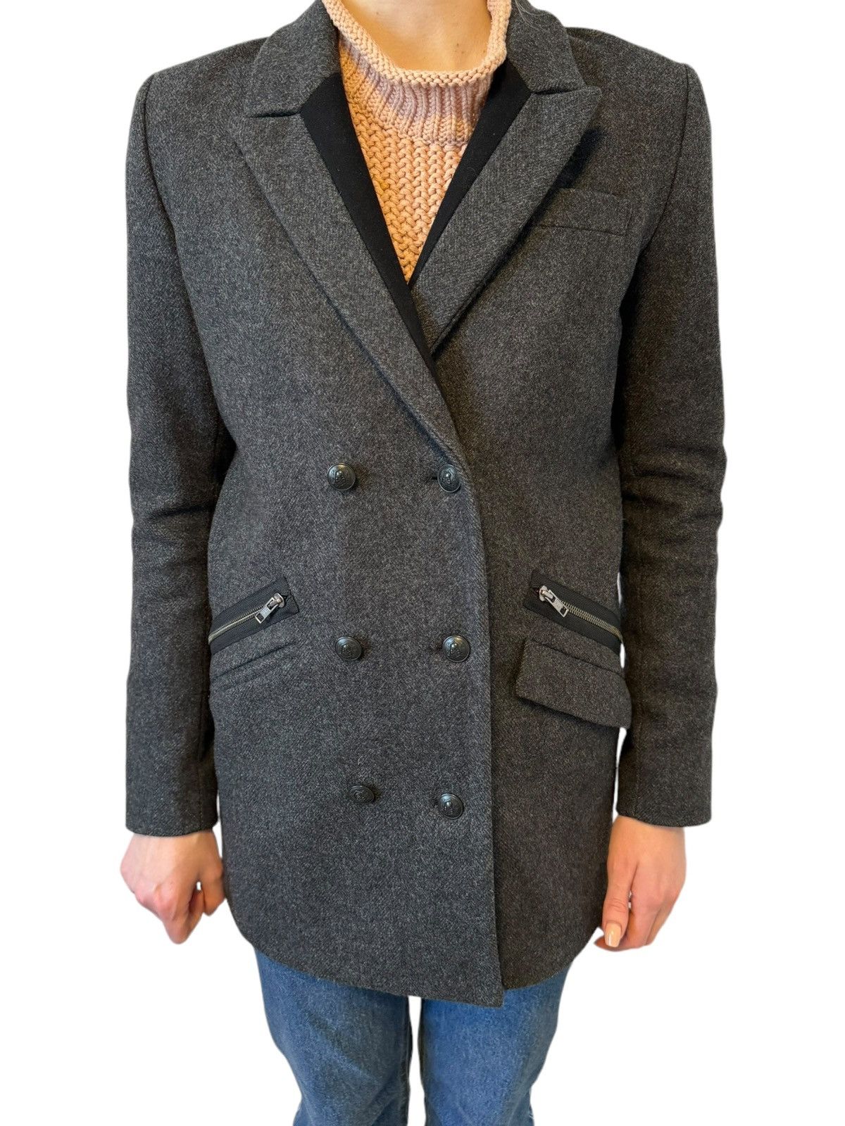 image of The Kooples Wool Zipper Grey Blazer Jacket Small Medium, Women's