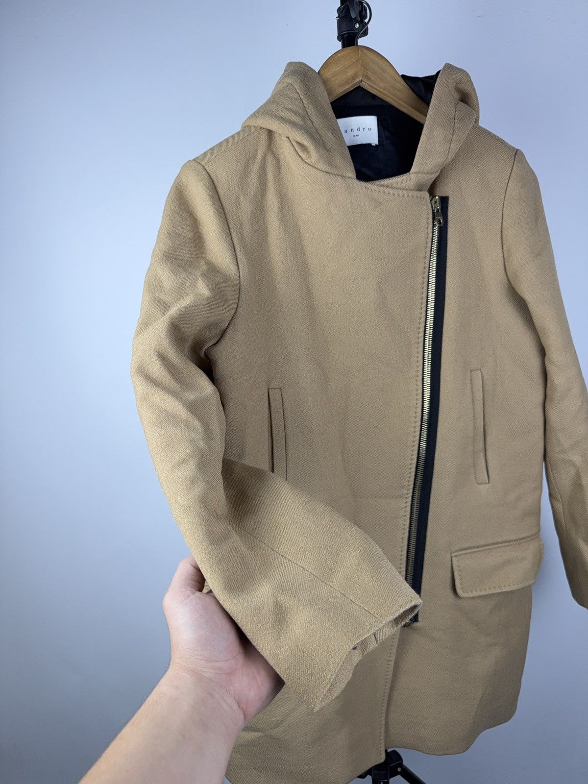 Sandro Luxury Sandro Paris Wool Hooded Coat Beige Asym Zip 38 S-M Size S / US 4 / IT 40 - 4 Thumbnail