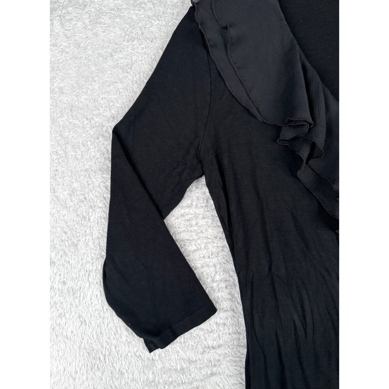 Ralph Lauren VINTAGE Ralph Lauren Women's Blouse Shirt Casual 3/4 Sleeve V-Neck Black Medium Jersey Ruffle All Seasons Size M / US 6-8 / IT 42-44 - 3 Thumbnail