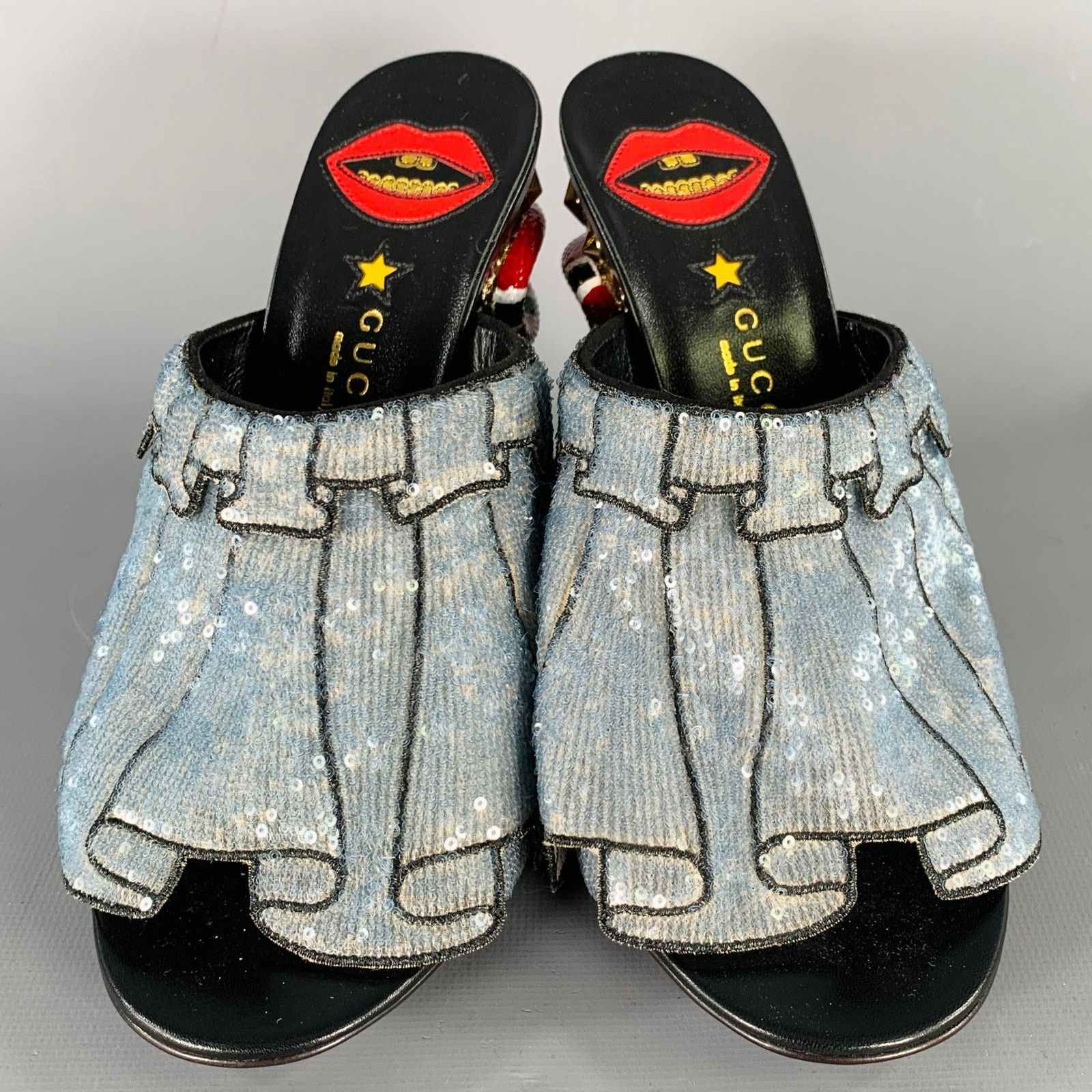 Gucci Size 8 Trompe L'oeil Blue Red Gold Beaded Mules Sandals Size US 8 / IT 38 - 5 Thumbnail