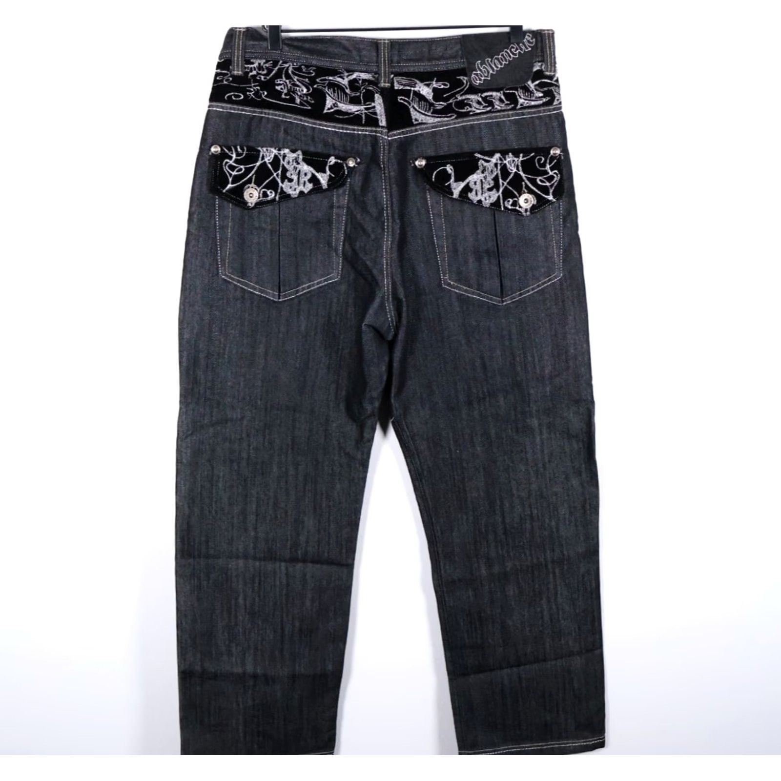Vintage Ablance Vintage Wide Leg Jeans Men's 34 x 32 Black Denim Velvet Pockets Baggy VTG 90s Hip Hop Retro 5-Pocket Style Jeans Mens Size US 35 - 2 Thumbnail
