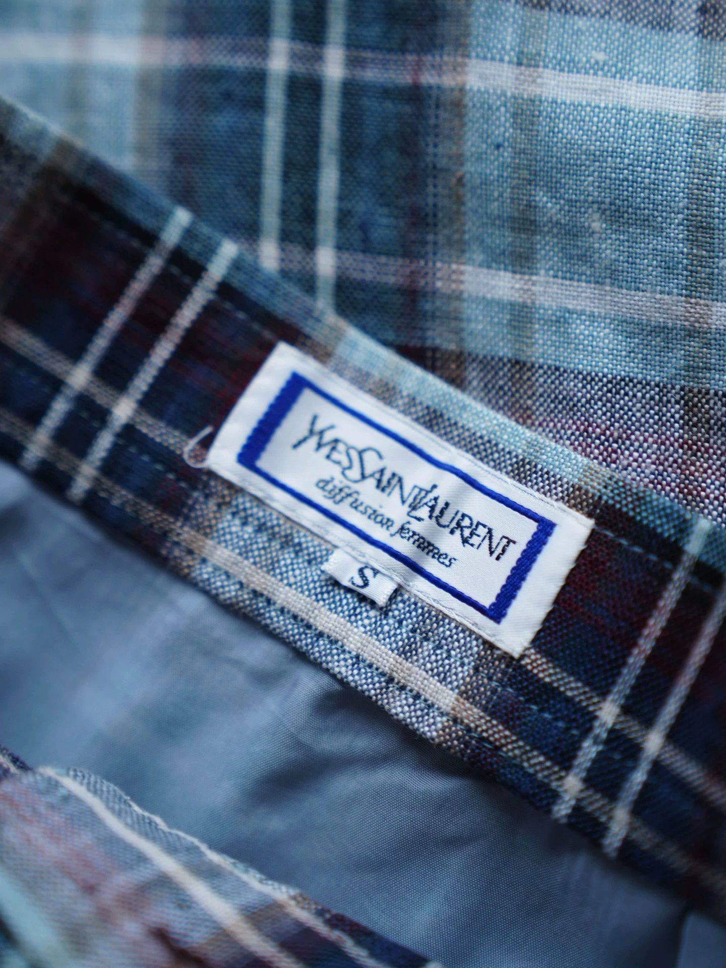 Yves Saint Laurent YSL Vintage Blue Check Linen Skirt Size 26" / US 2 / IT 38 - 6 Thumbnail