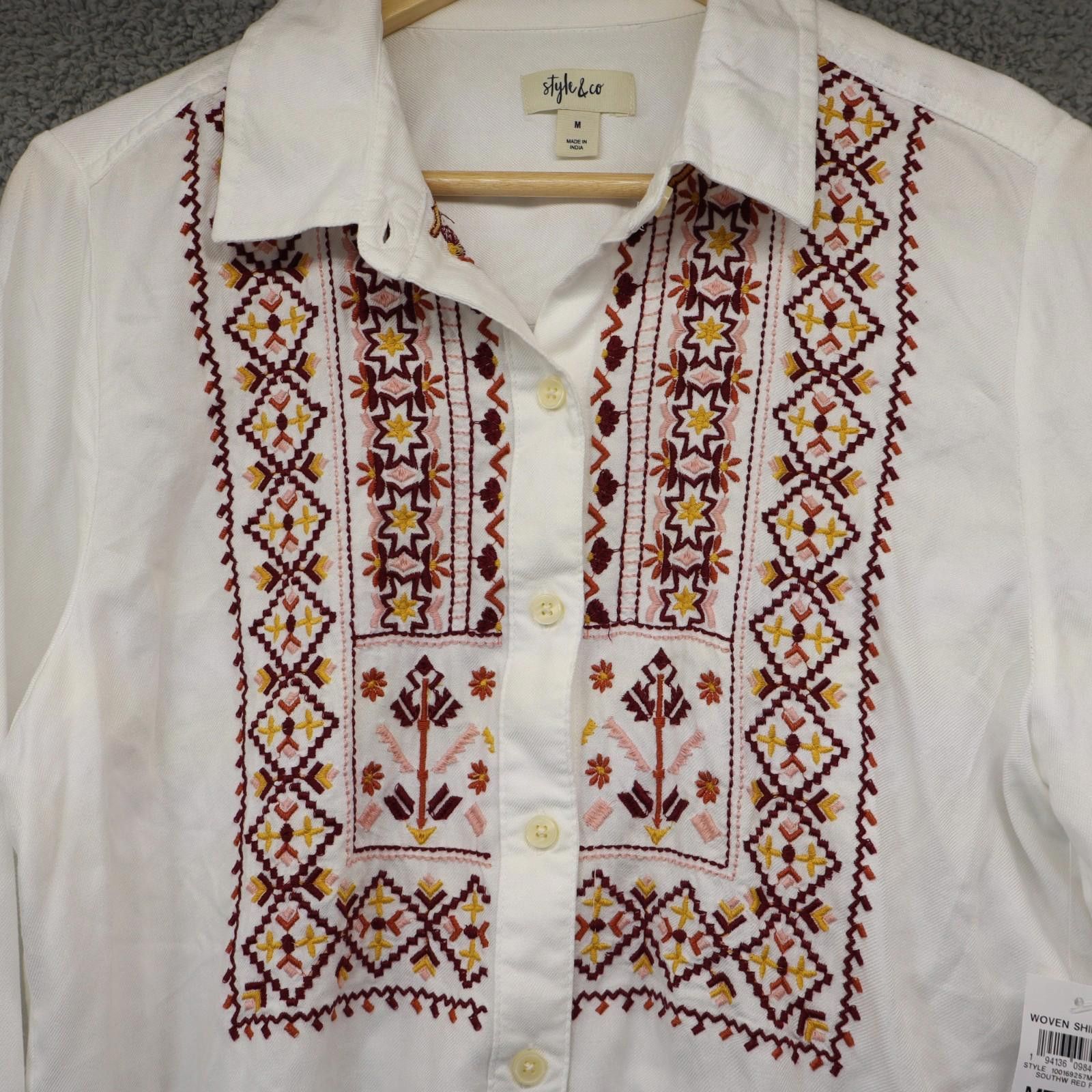 Style & Co Style & Co Blouse Women Medium Petite Embroider Boho Twill Size M / US 6-8 / IT 42-44 - 3 Thumbnail
