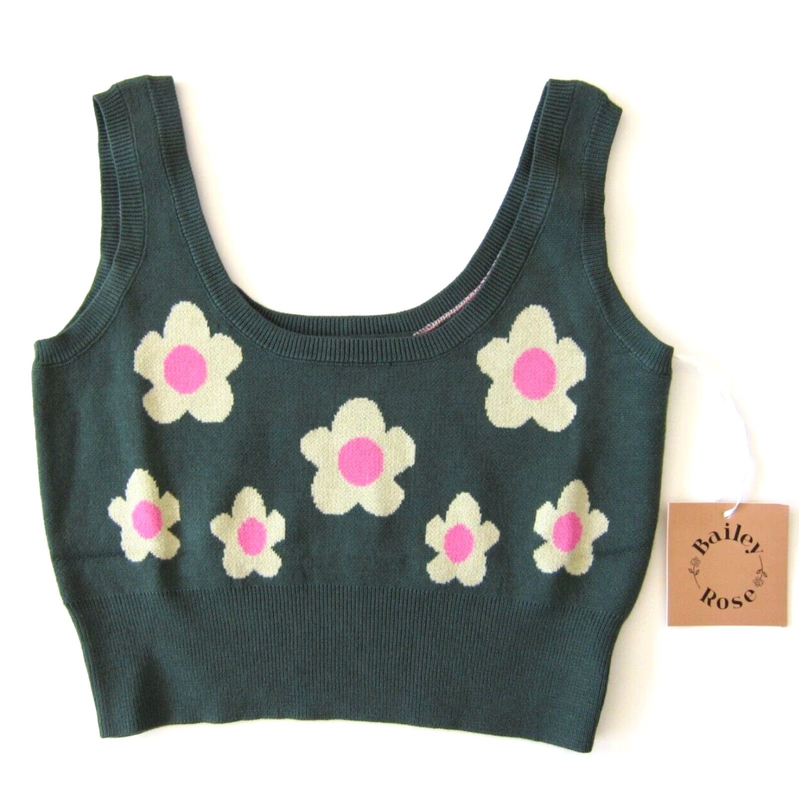 Vintage NWT Bailey Rose Green Pink Daisy Flower Power Tight Knit Crop Tank Blouse Small Size S / US 4 / IT 40 - 2 Thumbnail