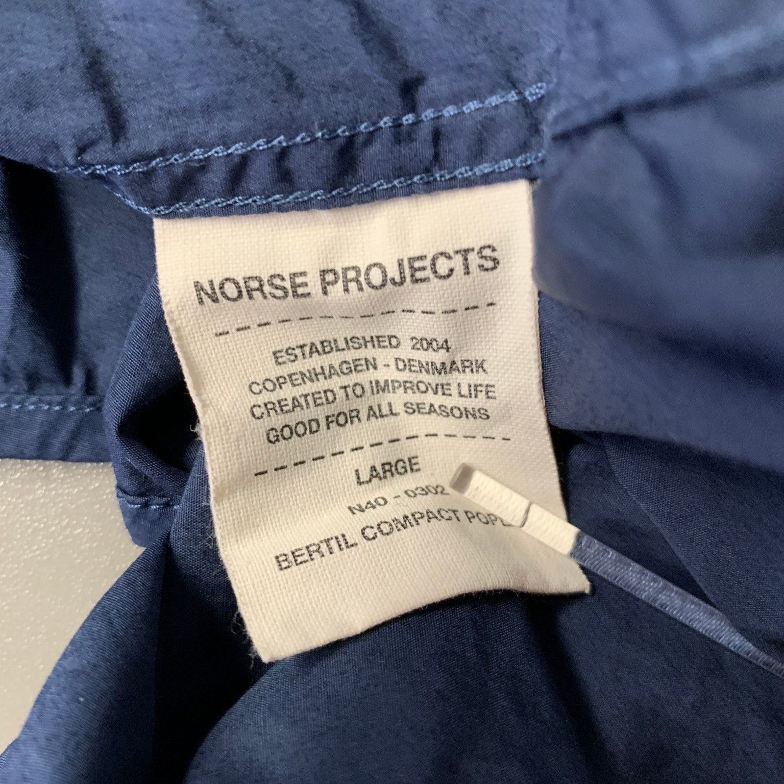 Norse Projects Size L Navy Cotton Band Collar Long Sleeve Shirt Size US L / EU 52-54 / 3 - 6 Thumbnail