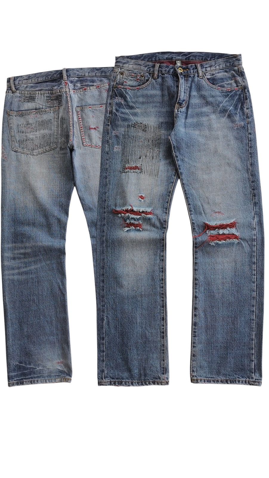 Japanese Brand Reddish Vibgyor Distressed Repair Denim Jeans Size US 33 - 1 Thumbnail
