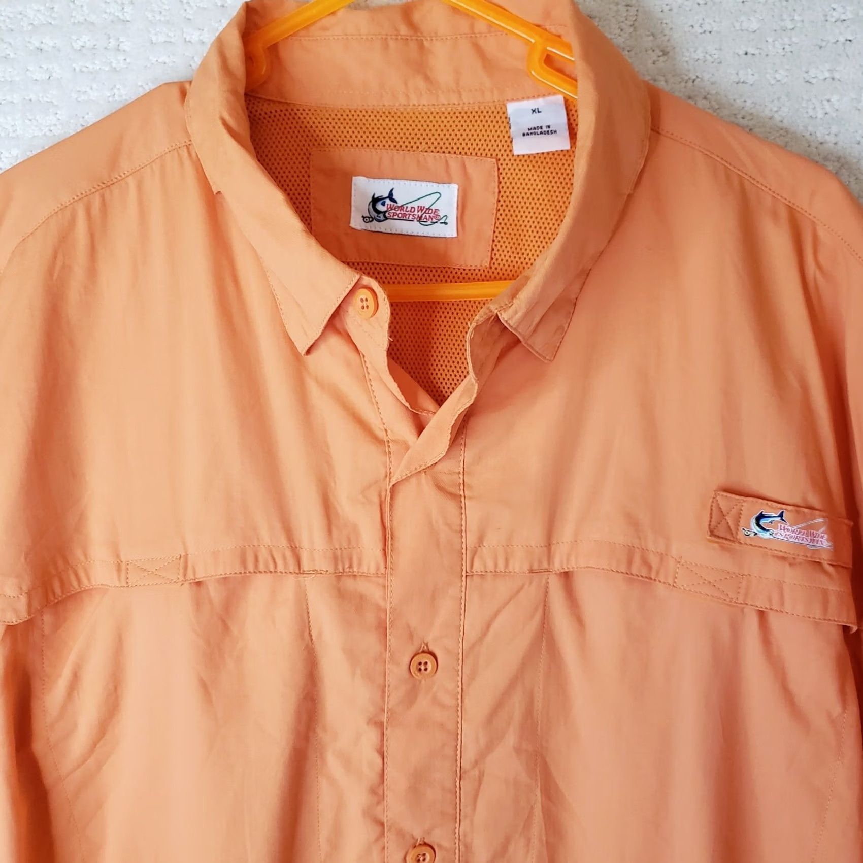 Vintage World Wide Sportsman Shirt Men XL Orange Vented Fishing Button Up Short S Poly Nylon Polyester Pocket Logo Size US XL / EU 56 / 4 - 3 Thumbnail