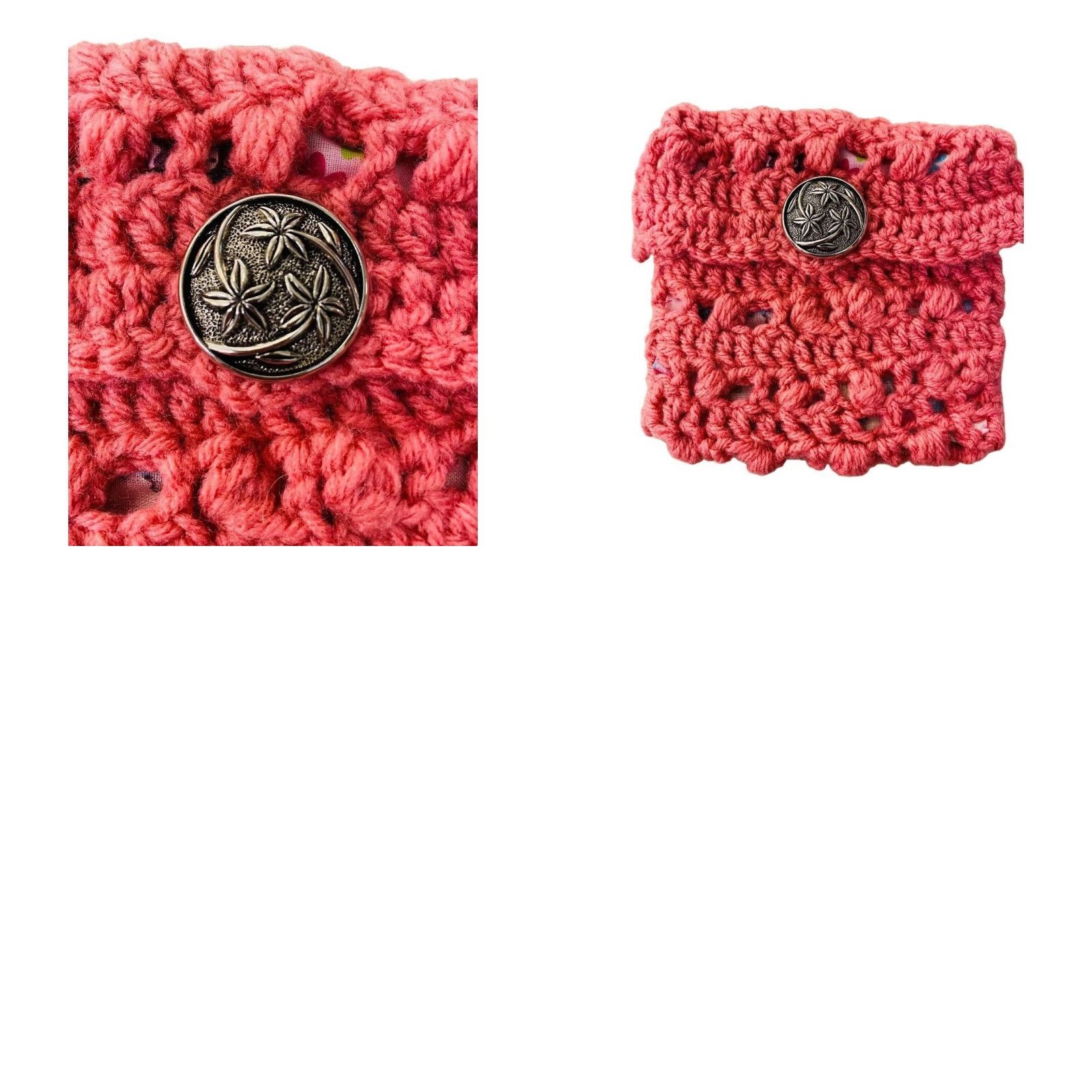 Pinko Handmade Crochet Pouch Pink Lined Floral Accessory Silvertone Button Closure 5.5" h x 5" w Clutch Women Size ONE SIZE - 8 Thumbnail