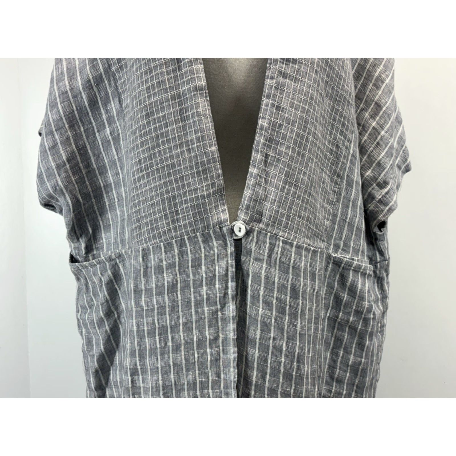 Vintage POETRY 100% Linen Kimono Jacket Women’s Large Regular 16/18 Grey White Check Lagenlook Minimal Pockets Lightweight Breathable Size XXL / US 16-18 / IT 52-54 - 6 Thumbnail