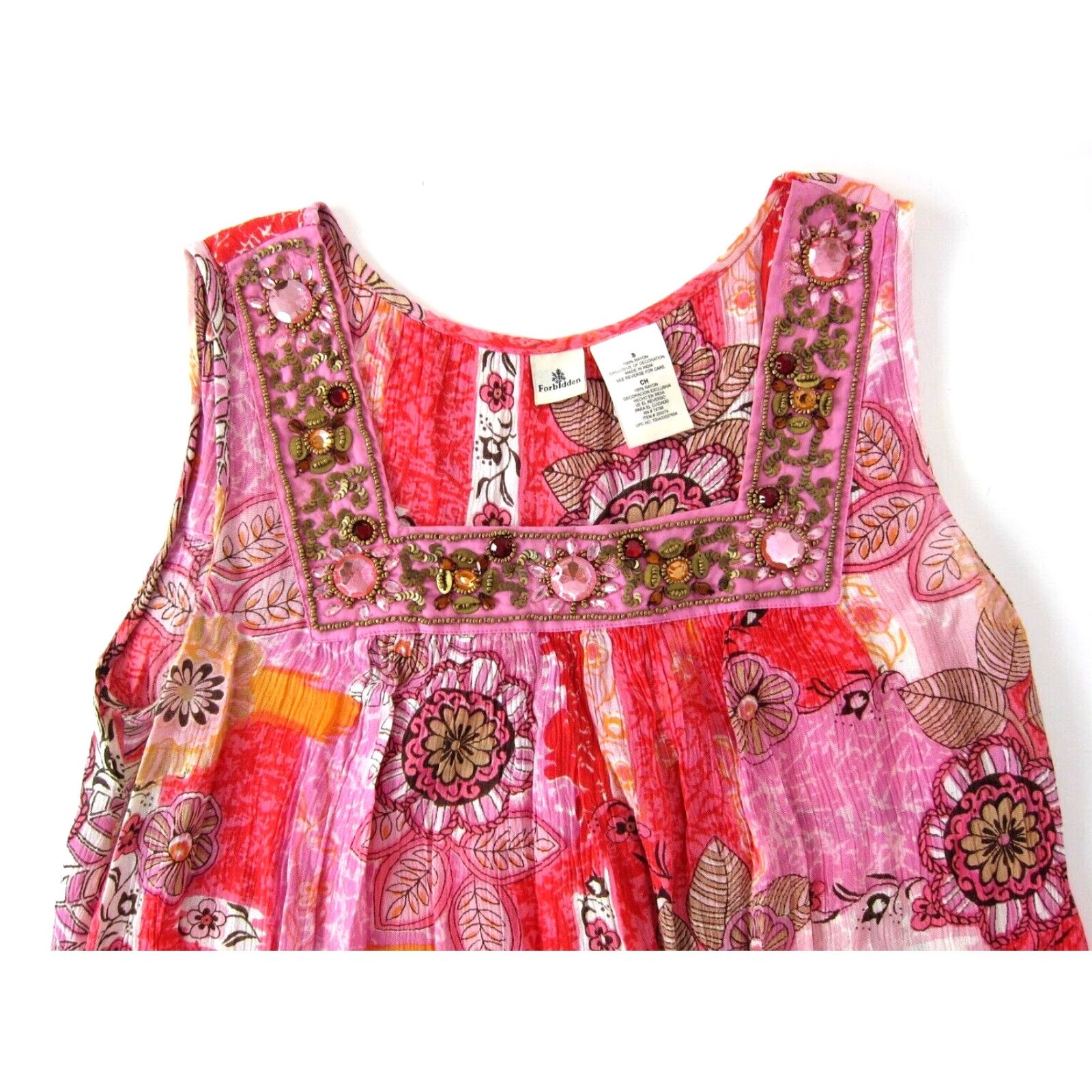 Vintage Forbidden 100% Rayon Pink Floral Beaded Tunic Tank Sun Dress Small Womens Size S / US 4 / IT 40 - 4 Thumbnail