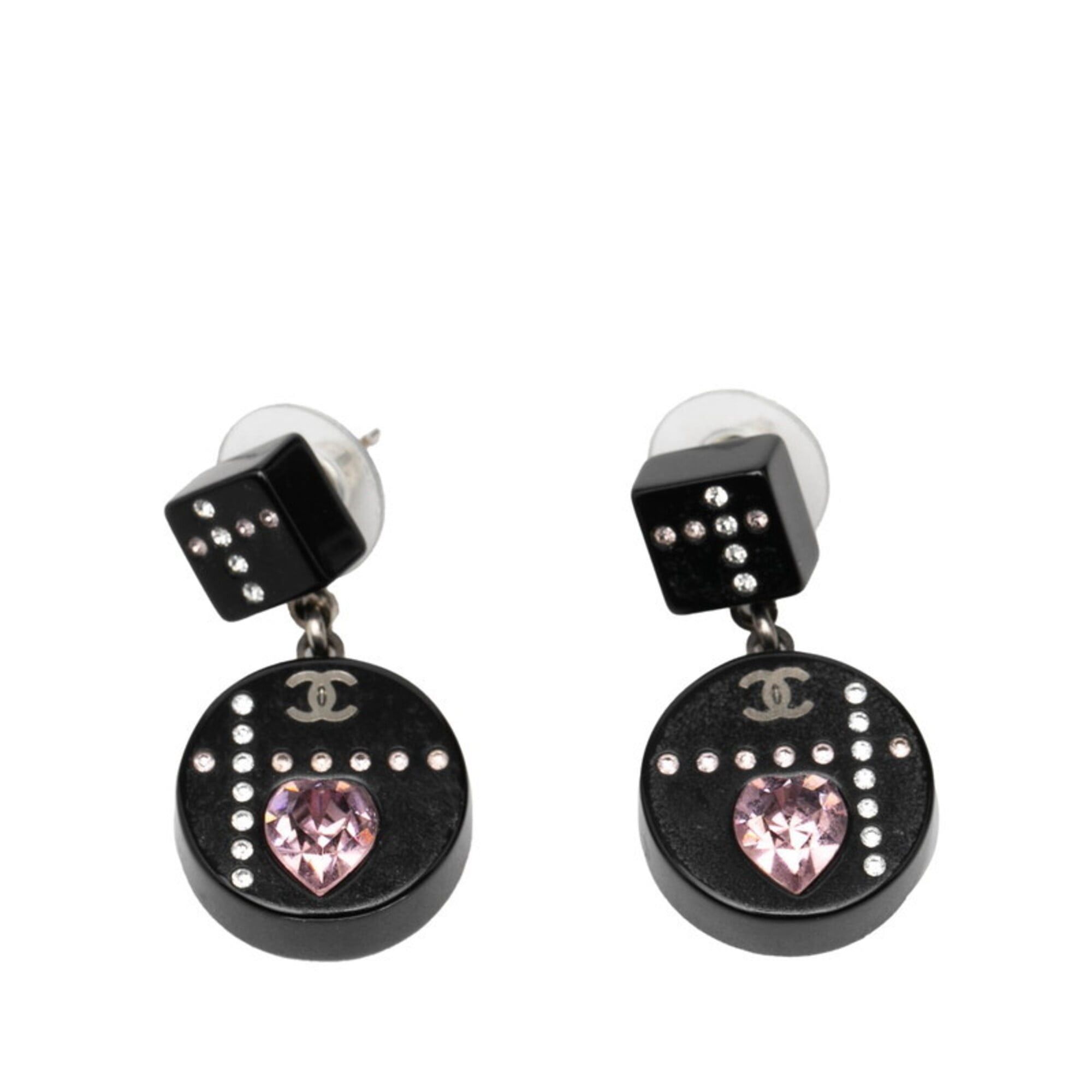 Chanel Chanel Coco Mark Heart Earrings, Silver, Black, Pink Metal Rhinestones, Women's CHANEL Size ONE SIZE - 1 Thumbnail