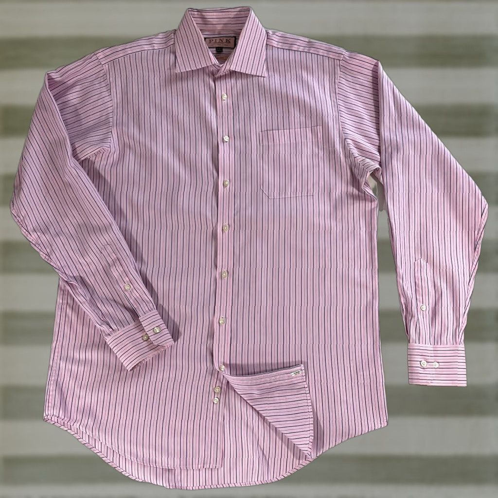 Pinko VINTAGE Men's Thomas Pink Traveller Shirt Striped Pink Sz 16 41-93cm 100% Cotton Dress Shirt Size US L / EU 52-54 / 3 - 1 Thumbnail