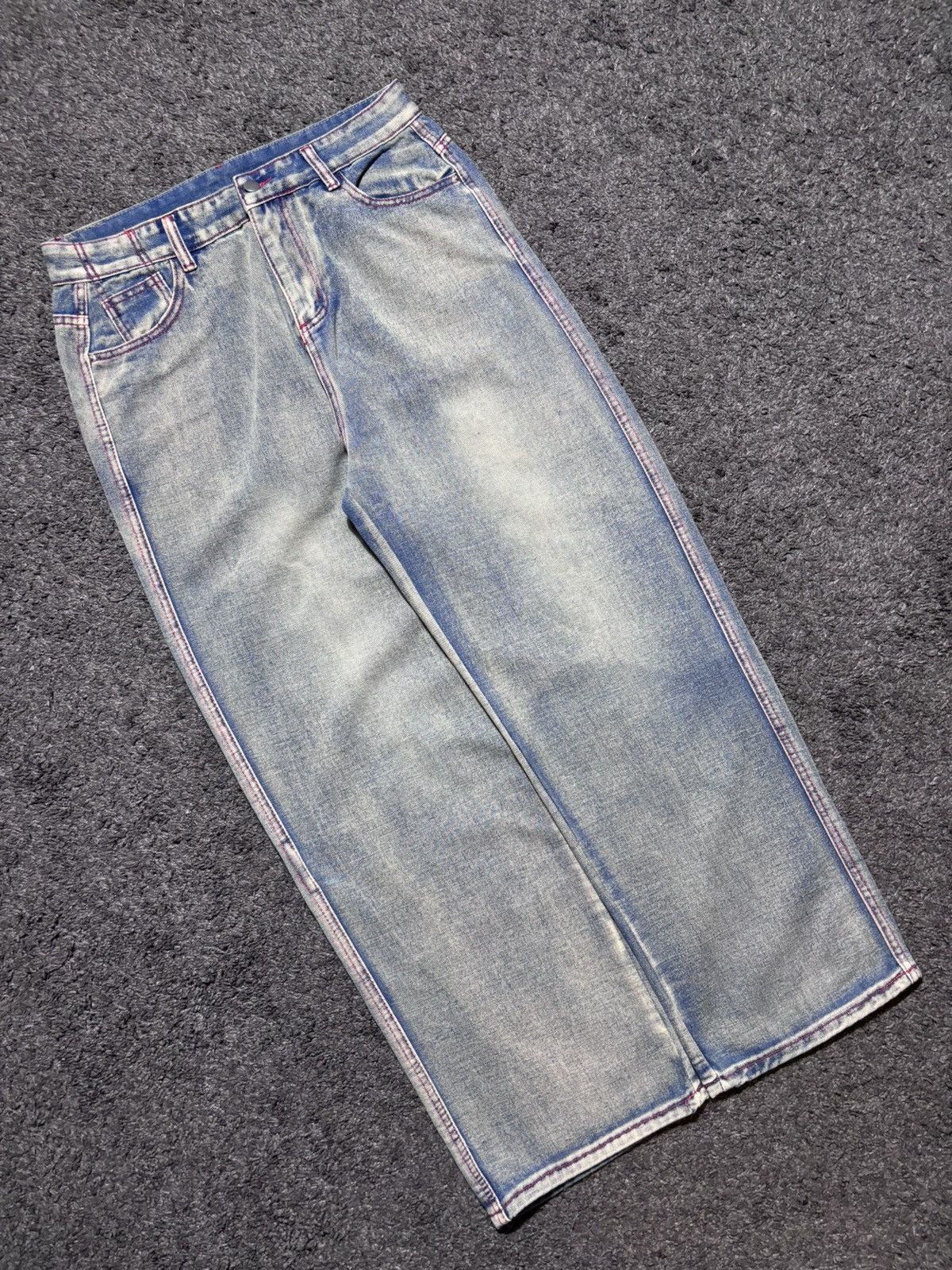 JNCO Vintage rare fire skulls embroidered gray blue baggy jeans Size US 33 - 14 Thumbnail