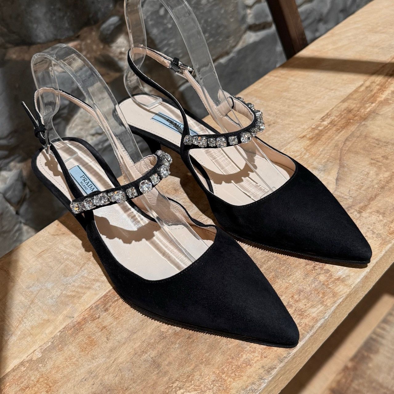 Prada Prada Black Suede Crystal Embellished Slingback Pumps Size US 7 / IT 37 - 4 Thumbnail