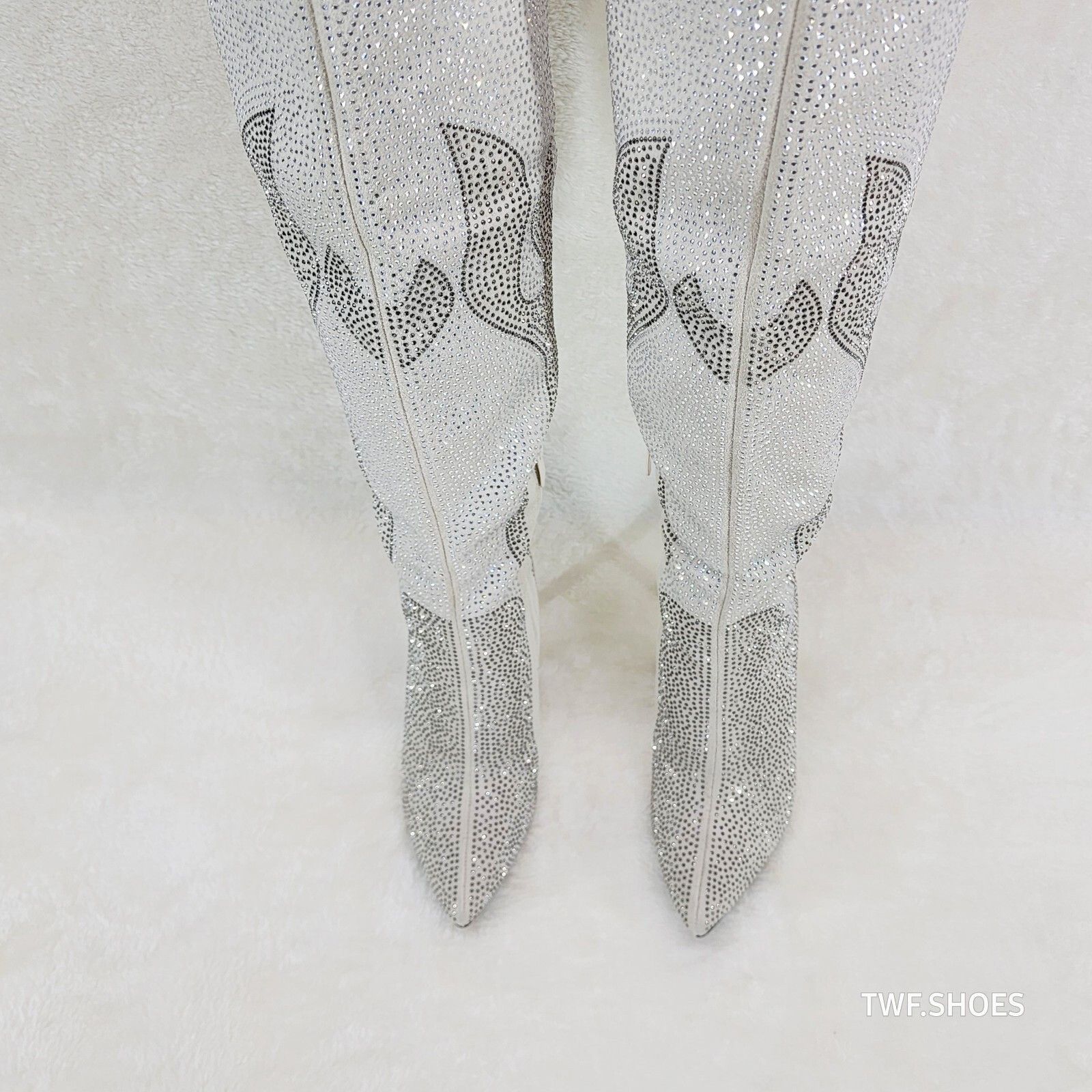 Other Like It Hot Ivory & Silver Rhinestone Flame Detail Sexy OTK Size US 11 / IT 41 - 5 Thumbnail