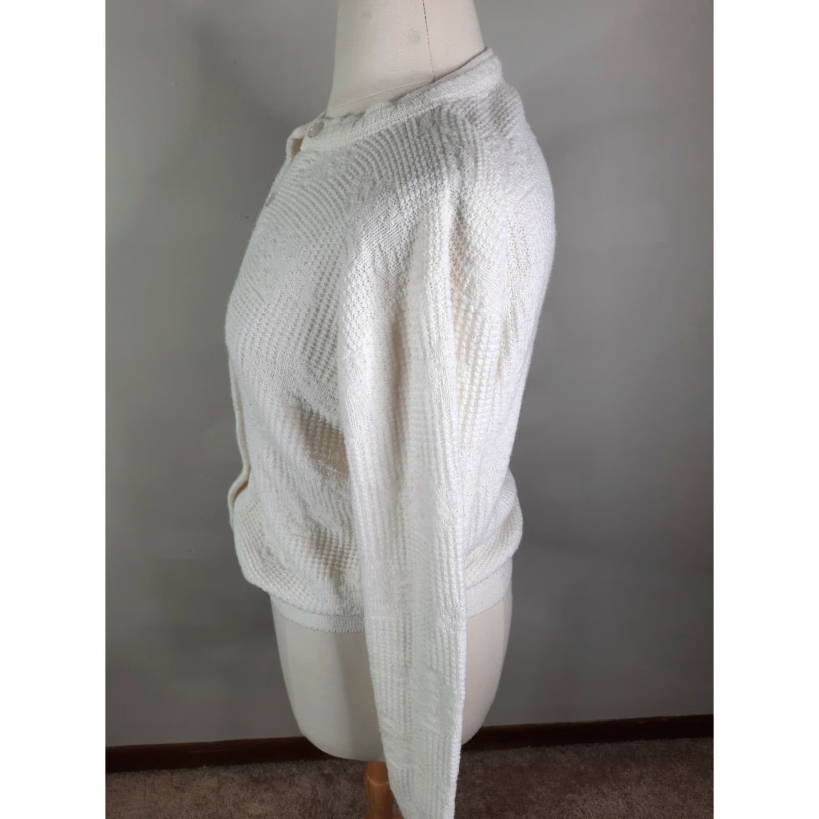 Vintage VINTAGE S5C 60s White Cardigan Sweater Women's XL Knit Open Cable- Knit 60s Cottagecore Casual Cardigan Women Size XL / US 12-14 / IT 48-50 - 5 Thumbnail