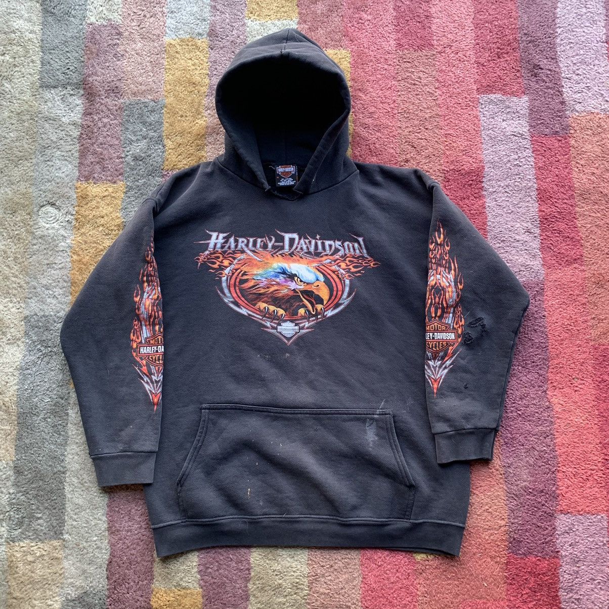 image of Sick Thrashed Flames Harley Davidson Zip Up Hoodie in Black, Men's (Size Medium)