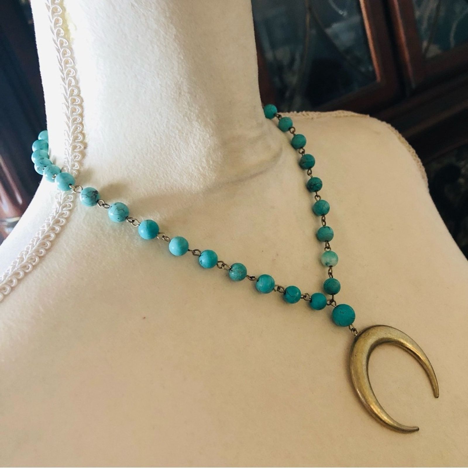 Jewelry Genuine howlite stone beaded chain moon pendant necklace Size ONE SIZE - 3 Thumbnail