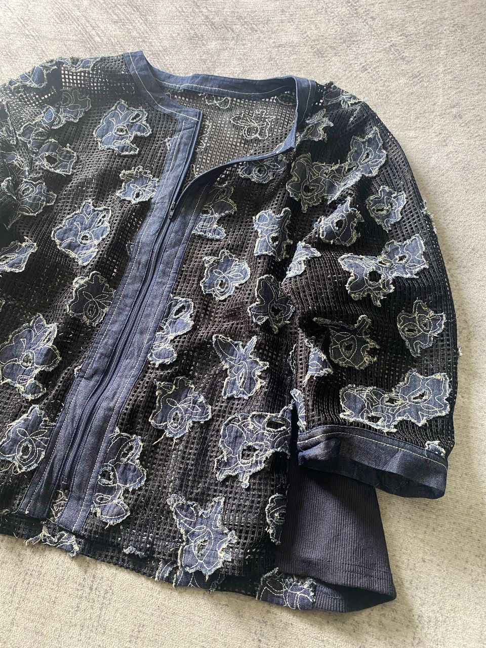 Jean × Le Grande Bleu (L.G.B.) Jean Crement Mash Floral Motive Indigo Boxy Cardigan Jacket Size L / US 10 / IT 46 - 5 Thumbnail