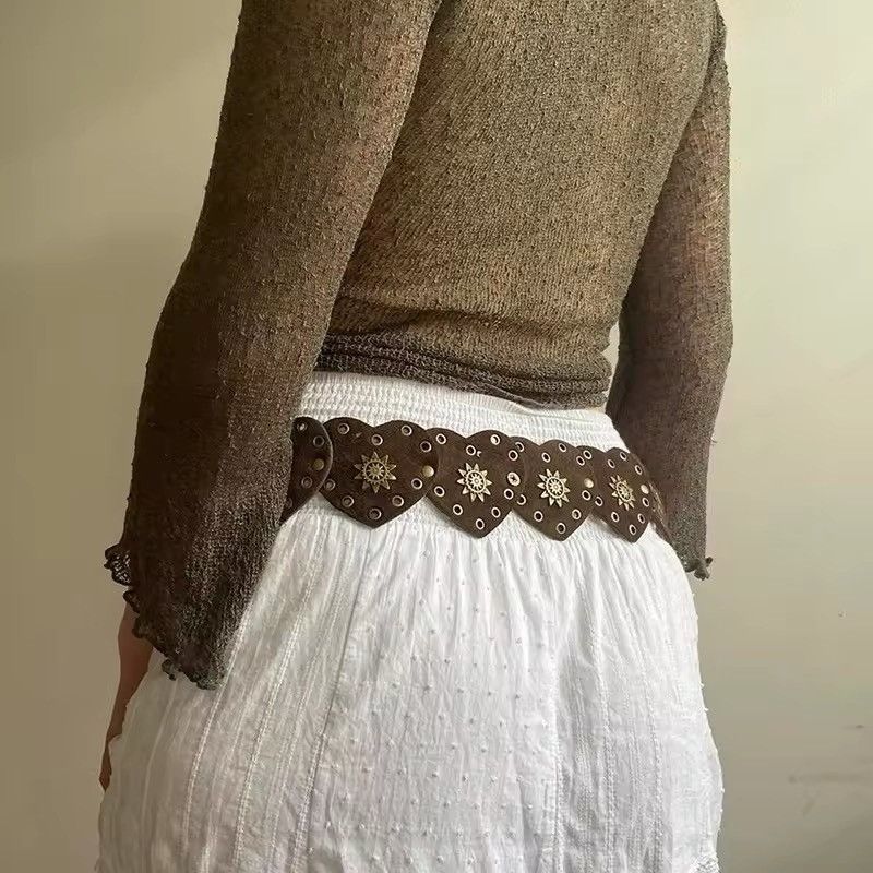 Leather × Vintage Brown PU Leather Pinned Heart Shape Bohemian Style Belt Size ONE SIZE - 2 Thumbnail
